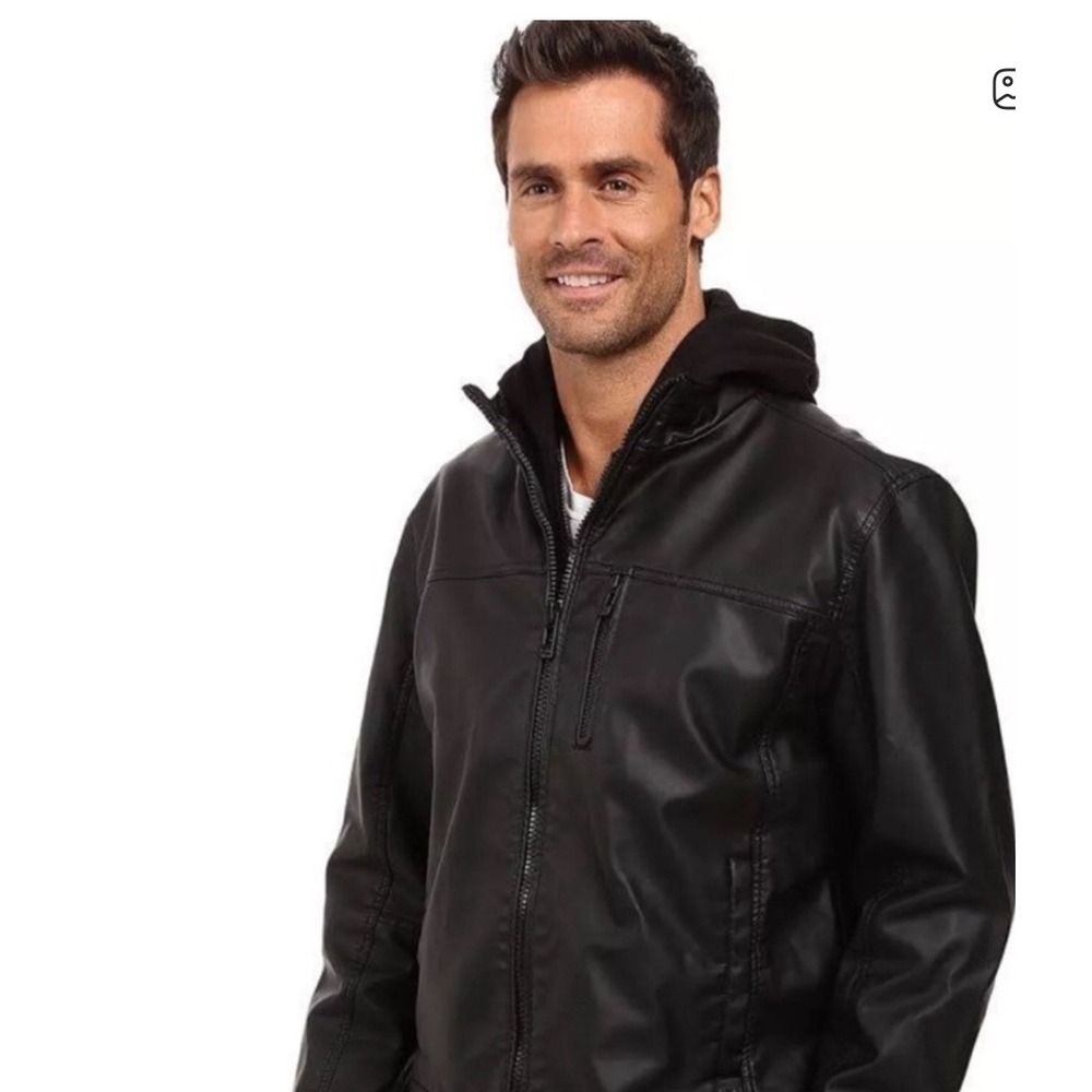 Calvin Klein Men's Black Faux Leather Hooded Jacket Size XXL Washed Garment NWT